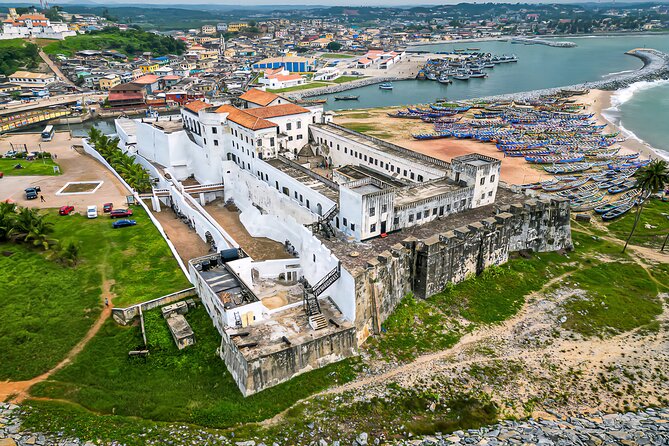 Cape Coast Castle on the shore, seen from the air